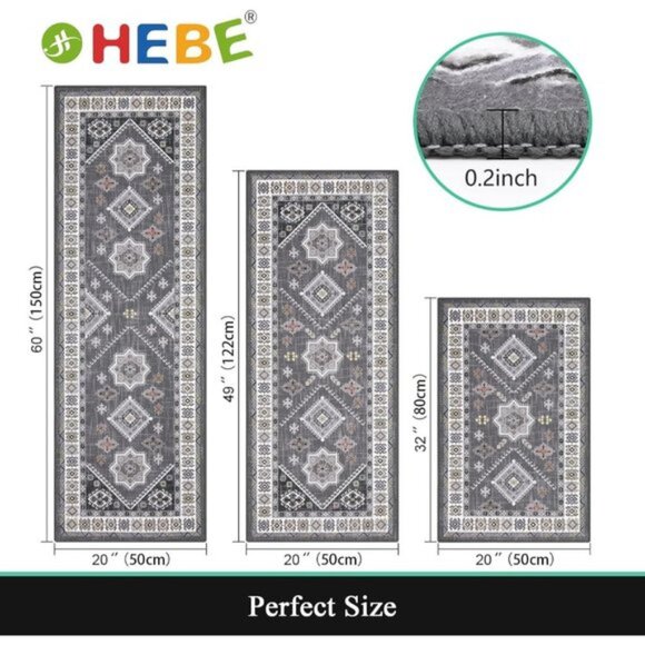 New 3-Piece Boho Kitchen Rug Set, Non-Slip, Washable Mats for Kitchen & Hallway - Picture 3 of 7